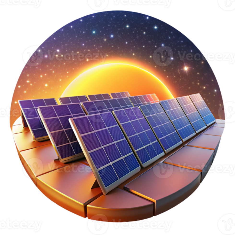 stunning contemporary A field of solar panels stretching towards the horizon under a vibrant, starry sky, rendered in a painterly style, warm, golden hour lighting genuine png