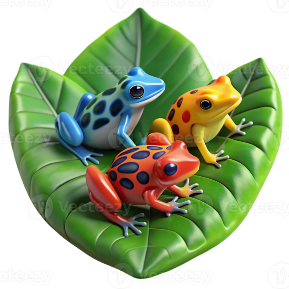 magnificent artistic A group of colorful poison dart frogs clustered on a large, waxy leaf, vibrant rainforest setting, macro photography with shallow depth of field detailed png