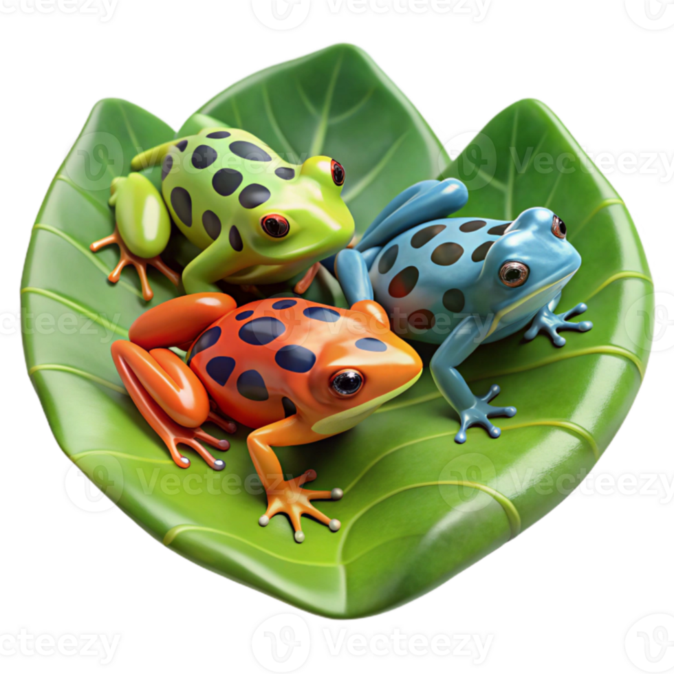 serene rustic A group of colorful poison dart frogs clustered on a large, waxy leaf, vibrant rainforest setting, macro photography with shallow depth of field professional png