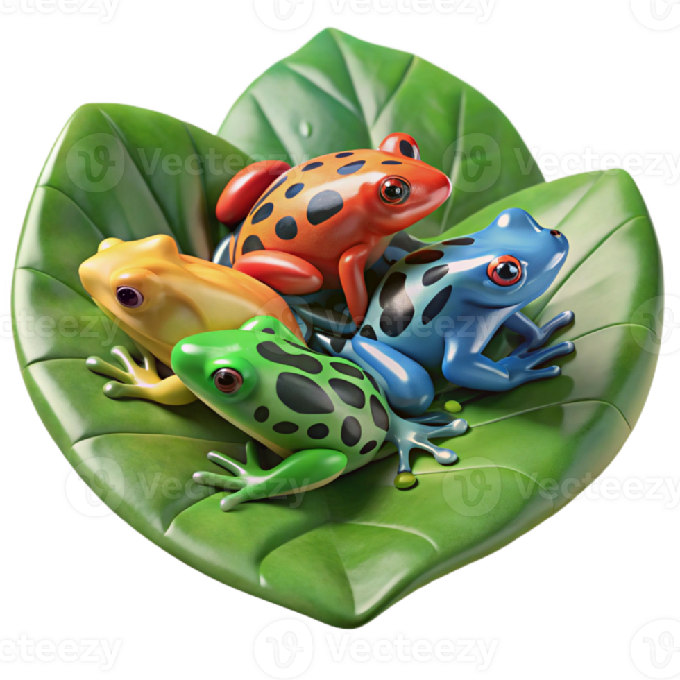magnificent artistic A group of colorful poison dart frogs clustered on a large, waxy leaf, vibrant rainforest setting, macro photography with shallow depth of field high resolution png