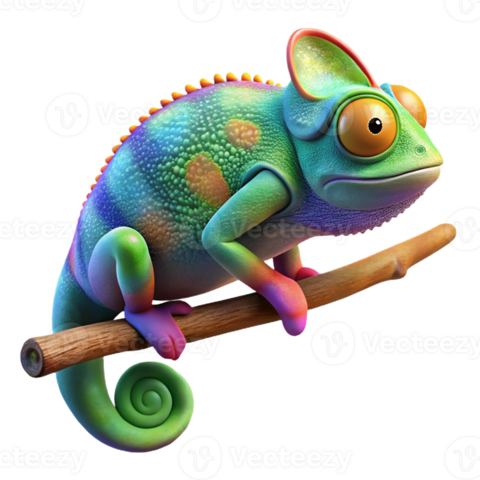 elegant rustic A chameleon perched on a brightly colored branch, showcasing its vibrant camouflage, macro photography with a bokeh effect high resolution png