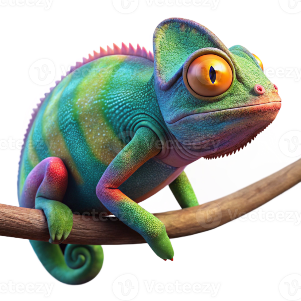 beautiful abstract A chameleon perched on a brightly colored branch, showcasing its vibrant camouflage, macro photography with a bokeh effect premium png