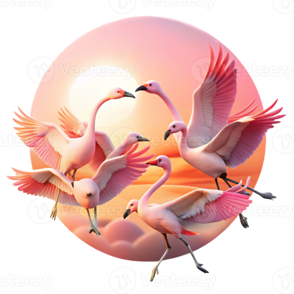 dramatic minimalist A flock of flamingos taking flight from a shallow lagoon, pastel sunrise lighting, impressionistic style premium png