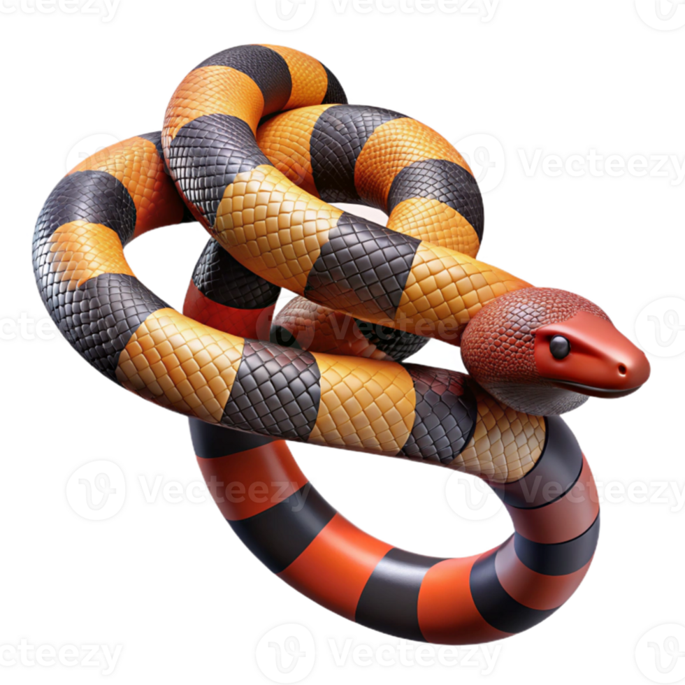 vibrant classic A vibrant coral snake coiled around a branch, rainforest setting with dappled light, hyperrealistic render authentic png