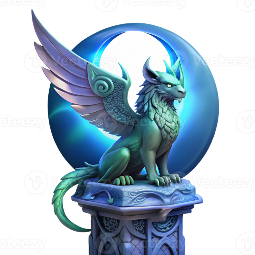 elegant artistic A majestic griffin perched atop a crumbling obsidian tower, bathed in the ethereal glow of a triple moon, feathers shimmering with iridescent blues and greens, intricate Celtic... png