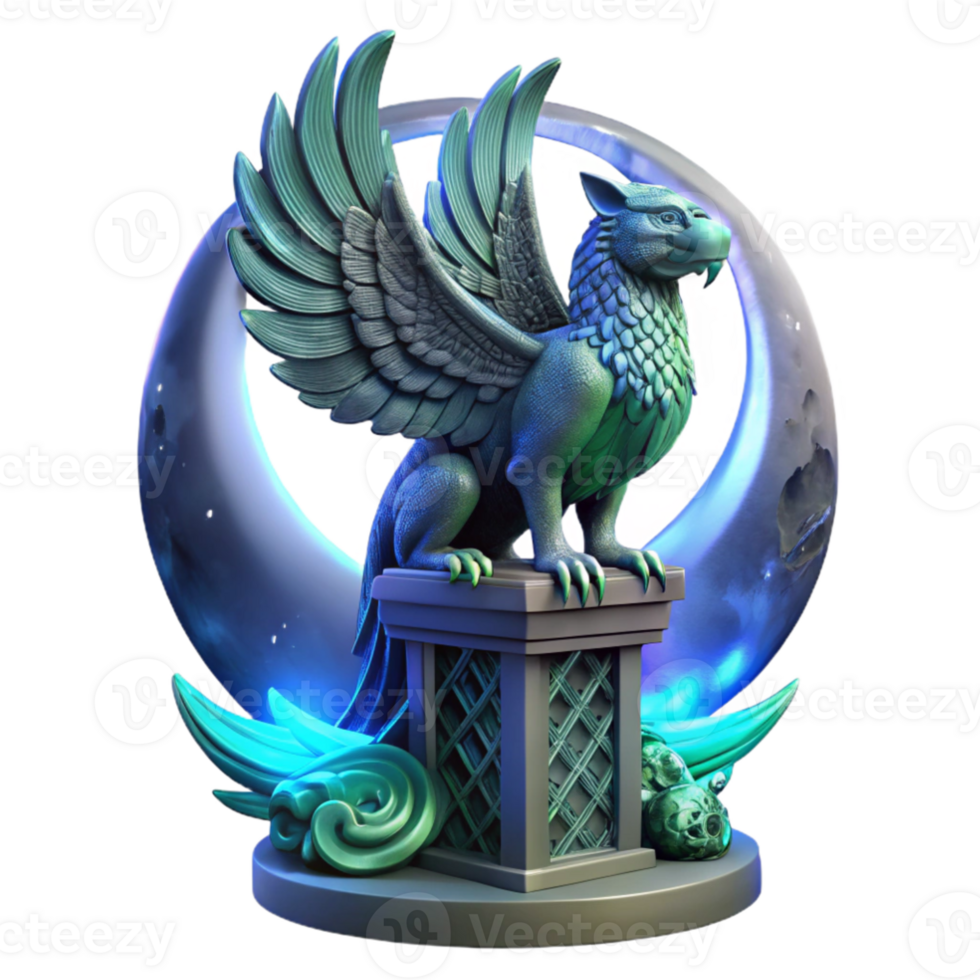 stunning contemporary A majestic griffin perched atop a crumbling obsidian tower, bathed in the ethereal glow of a triple moon, feathers shimmering with iridescent blues and greens, intricate... png