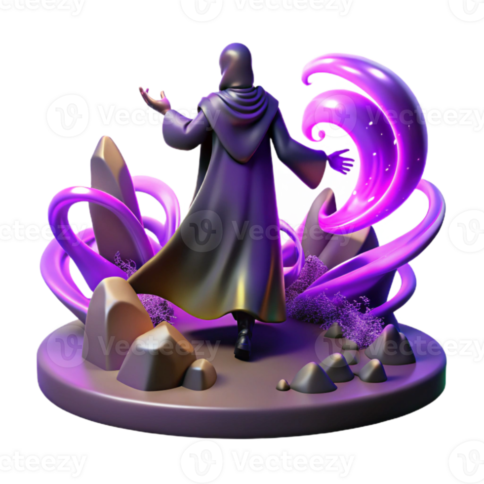 magnificent modern A lone, cloaked figure standing on a precipice overlooking a valley filled with bioluminescent flora, a swirling vortex of purple and gold energy emanating from their... png