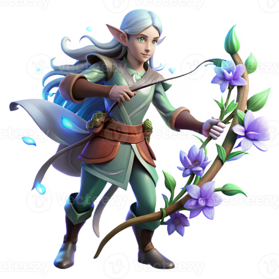 dramatic classic A graceful elf warrior with flowing silver hair, wielding a bow of living wood, standing amidst a field of glowing, otherworldly flowers. Soft, dappled lighting.... png