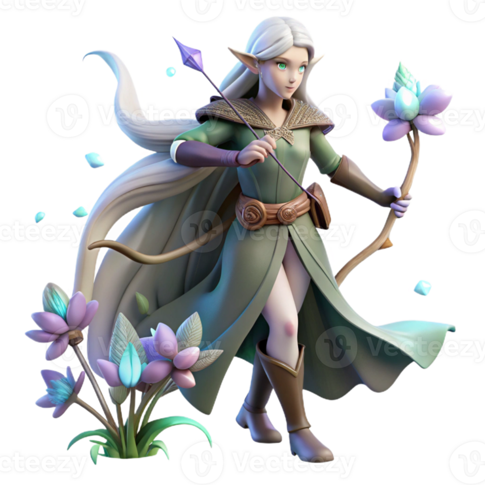 stunning rustic A graceful elf warrior with flowing silver hair, wielding a bow of living wood, standing amidst a field of glowing, otherworldly flowers. Soft, dappled lighting.... png