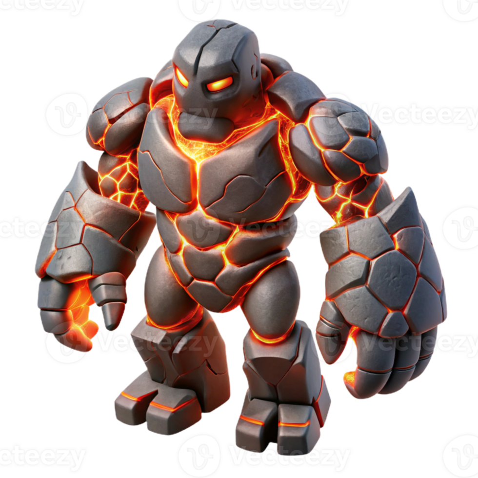 extraordinary abstract A towering golem crafted from volcanic rock, magma flowing through its cracks, standing amidst a desolate, ash covered landscape. Ominous, red hued lighting.... png