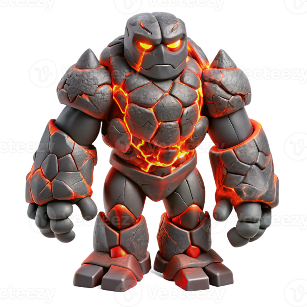 vibrant minimalist A towering golem crafted from volcanic rock, magma flowing through its cracks, standing amidst a desolate, ash covered landscape. Ominous, red hued lighting.... png