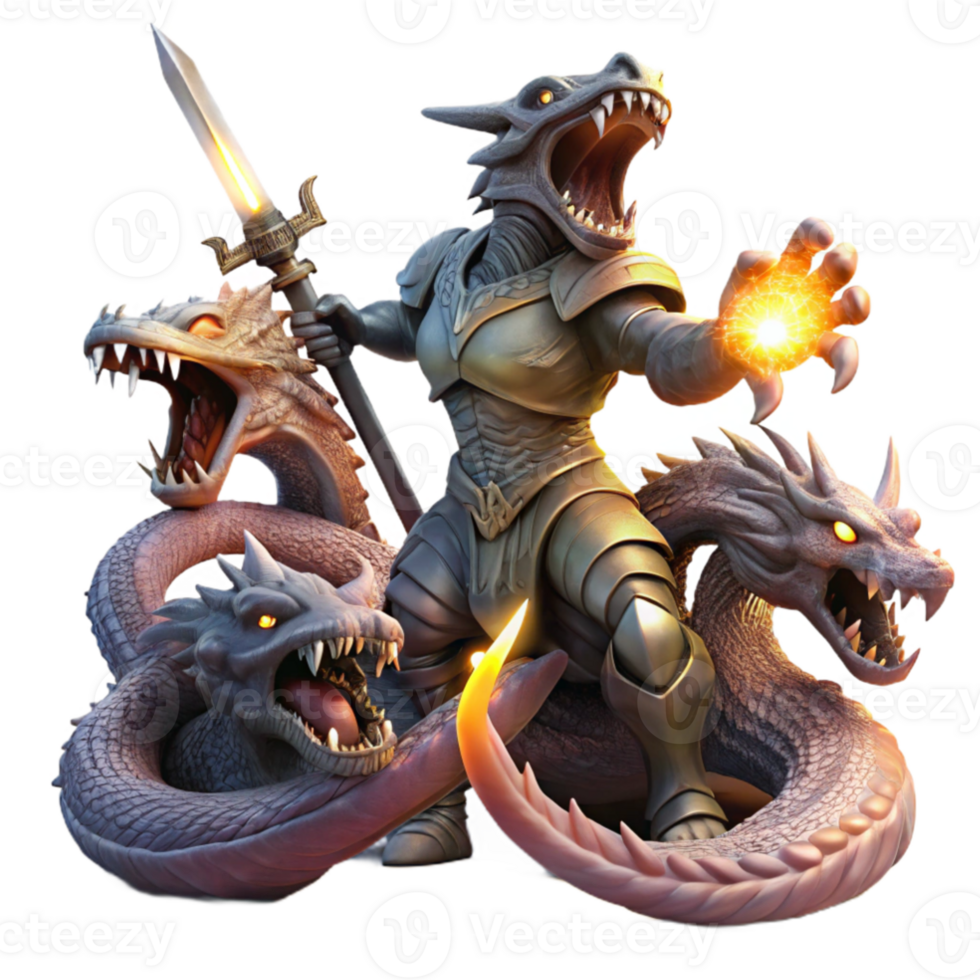 impressive creative A knight in shining armor battling a grotesque, multi headed hydra in a dark, echoing cavern, the knight's sword glowing with holy light. Dramatic, contrasting lighting.... png
