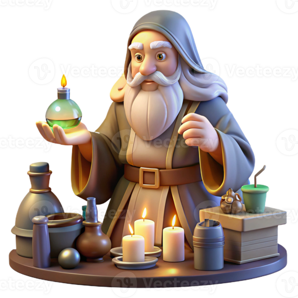vibrant traditional A wise old wizard with a long white beard, studying a glowing orb in his cluttered workshop, surrounded by potions, scrolls, and magical artifacts. Warm, inviting lighting.... png
