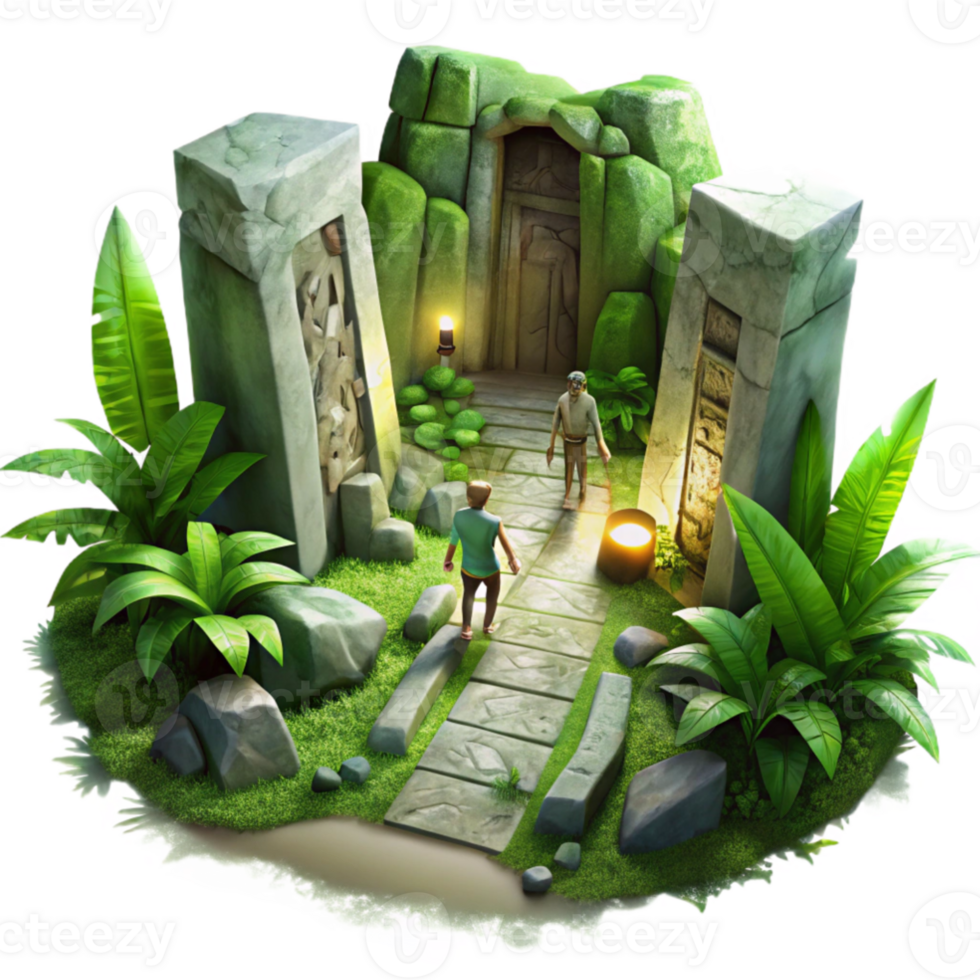 stunning classic A group of adventurers exploring a hidden temple overgrown with lush vegetation, ancient runes carved into the walls, illuminated by shafts of sunlight.... png