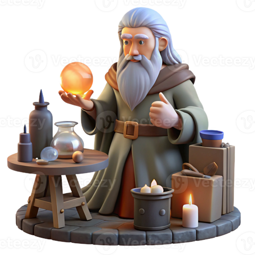 stunning modern A wise old wizard with a long white beard, studying a glowing orb in his cluttered workshop, surrounded by potions, scrolls, and magical artifacts. Warm, inviting lighting.... png