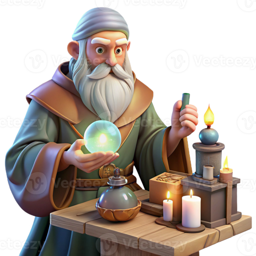 magnificent traditional A wise old wizard with a long white beard, studying a glowing orb in his cluttered workshop, surrounded by potions, scrolls, and magical artifacts. Warm, inviting lighting.... png