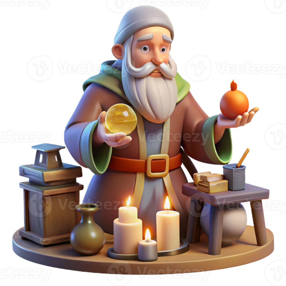 beautiful vintage A wise old wizard with a long white beard, studying a glowing orb in his cluttered workshop, surrounded by potions, scrolls, and magical artifacts. Warm, inviting lighting.... png