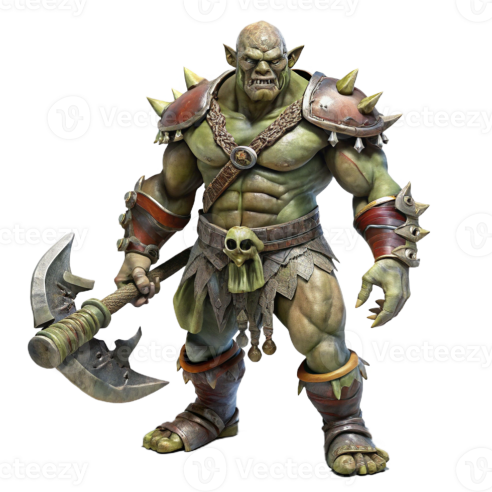 wonderful abstract A fierce orc chieftain wearing elaborate tribal tattoos and wielding a massive battle axe, standing amidst a battlefield strewn with the bodies of his enemies.... png