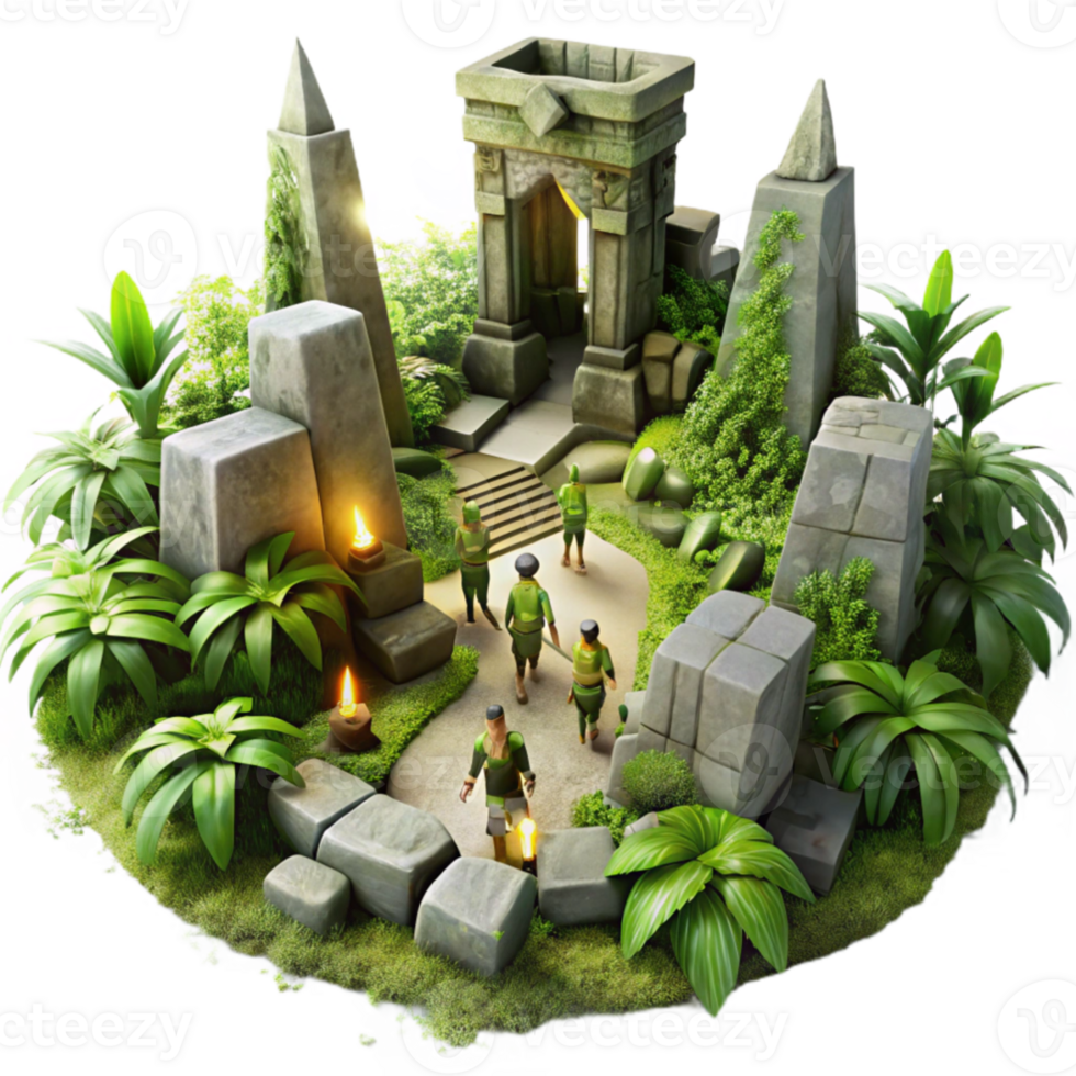 beautiful contemporary A group of adventurers exploring a hidden temple overgrown with lush vegetation, ancient runes carved into the walls, illuminated by shafts of sunlight.... png