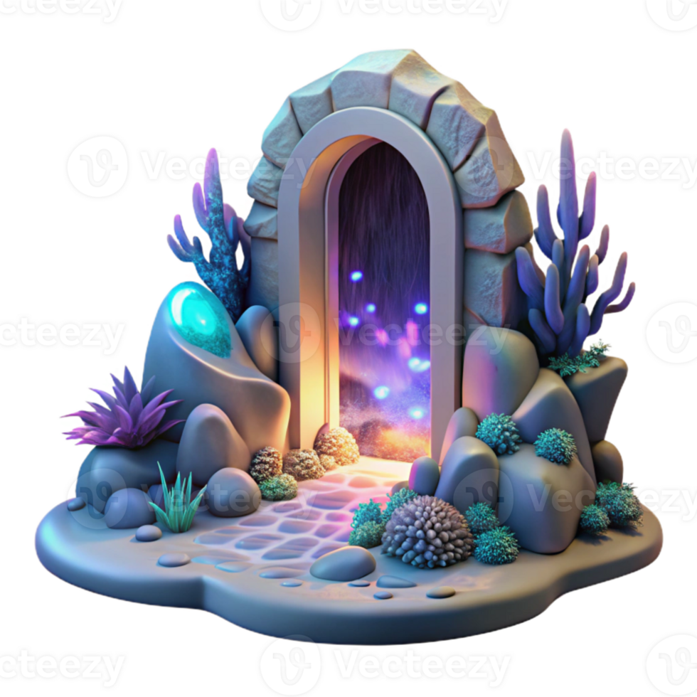magnificent classic A portal shimmering with iridescent light, opening onto a breathtaking vista of a fantastical landscape, strange and alien flora and fauna visible within.... png