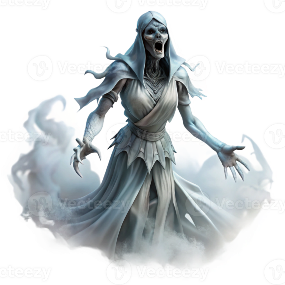 serene abstract A spectral banshee wailing in the moonlight, her ethereal form draped in tattered rags, surrounded by a swirling mist. Spooky, atmospheric lighting. Gothic horror style detailed png