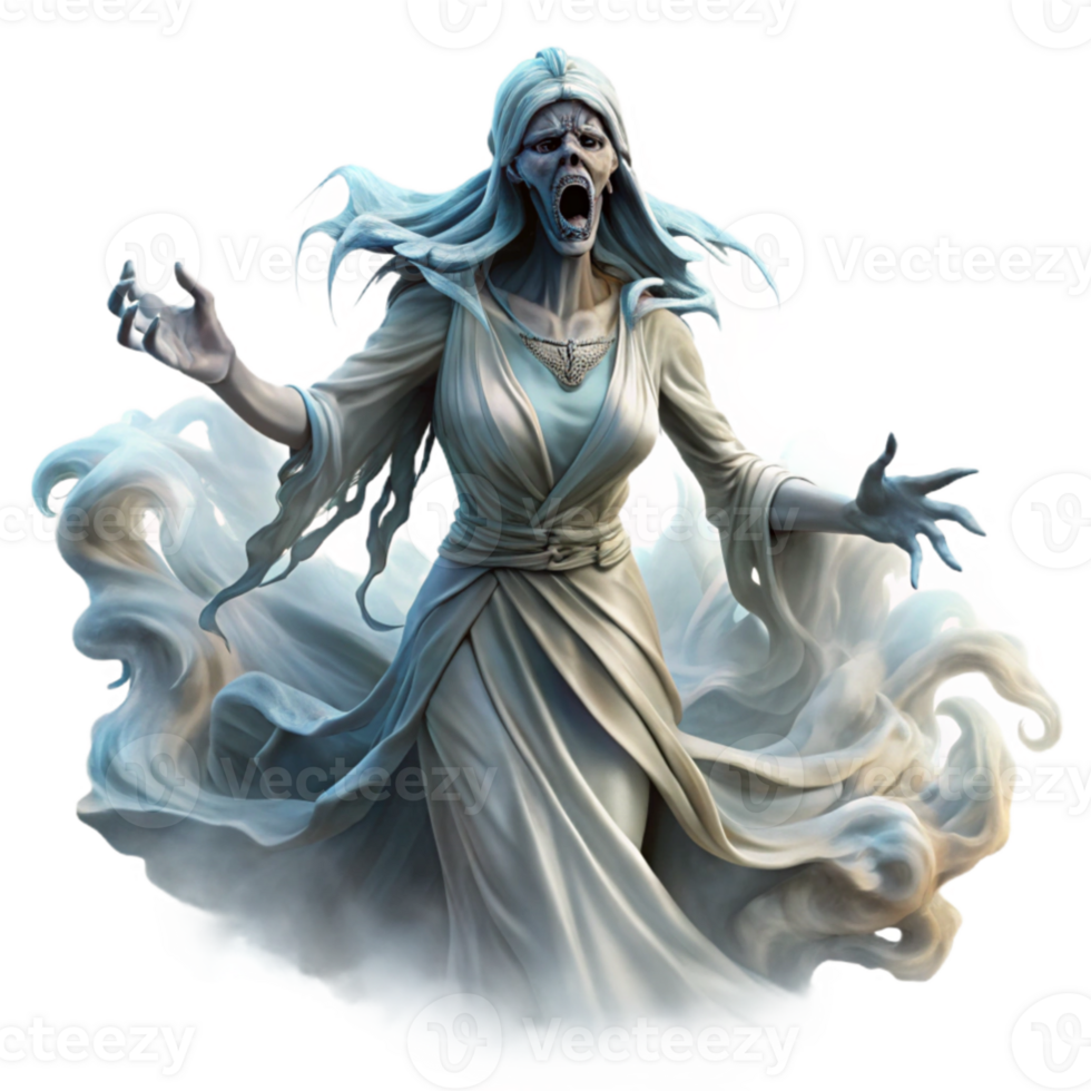 vibrant modern A spectral banshee wailing in the moonlight, her ethereal form draped in tattered rags, surrounded by a swirling mist. Spooky, atmospheric lighting. Gothic horror style high resolution png