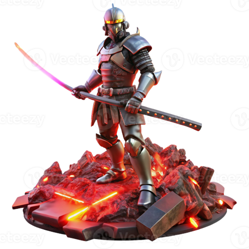 magnificent traditional A cyborg samurai, wielding a glowing katana, stands atop a pile of rusted scrap metal, illuminated by the harsh red light of a dying sun.... png