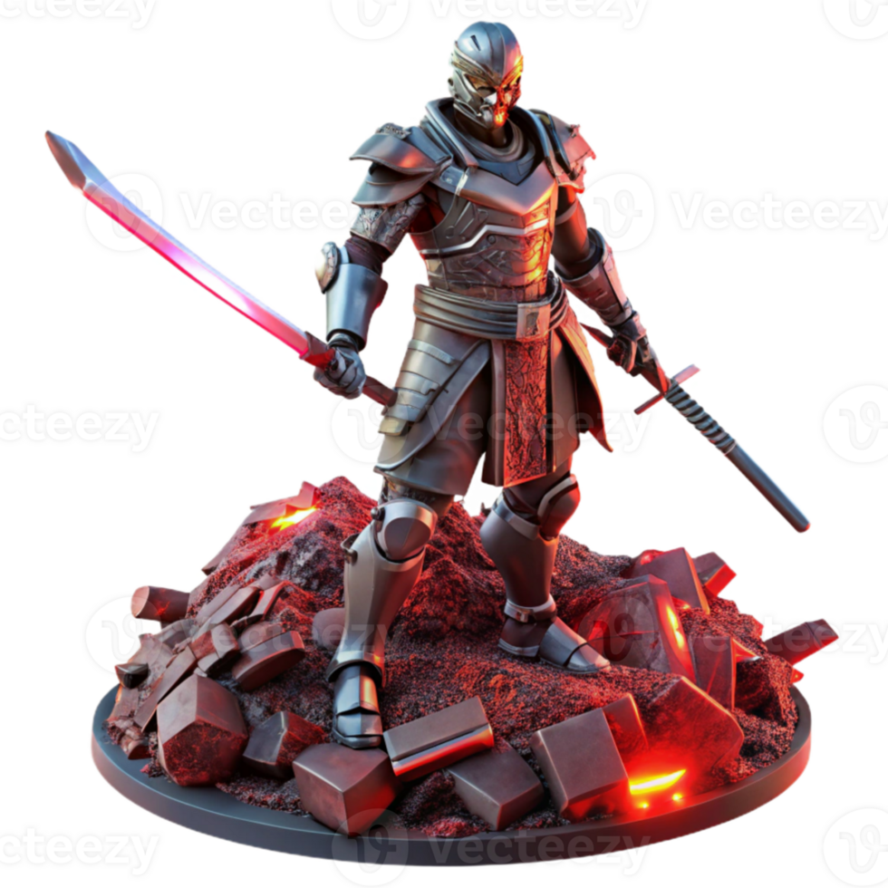 wonderful minimalist A cyborg samurai, wielding a glowing katana, stands atop a pile of rusted scrap metal, illuminated by the harsh red light of a dying sun.... png