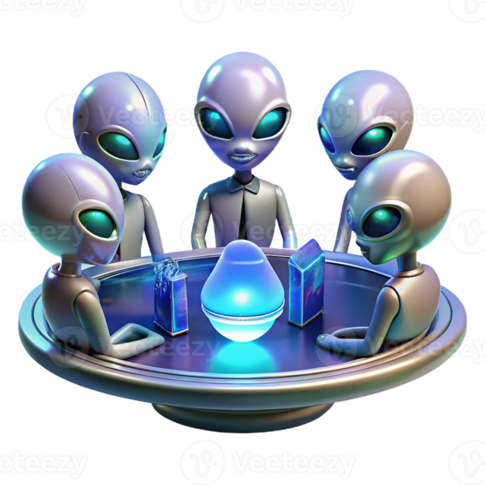 magnificent classic A group of alien diplomats, with iridescent scales and multifaceted eyes, gathered around a holographic table displaying a galactic map, bathed in the warm, ambient light of... png
