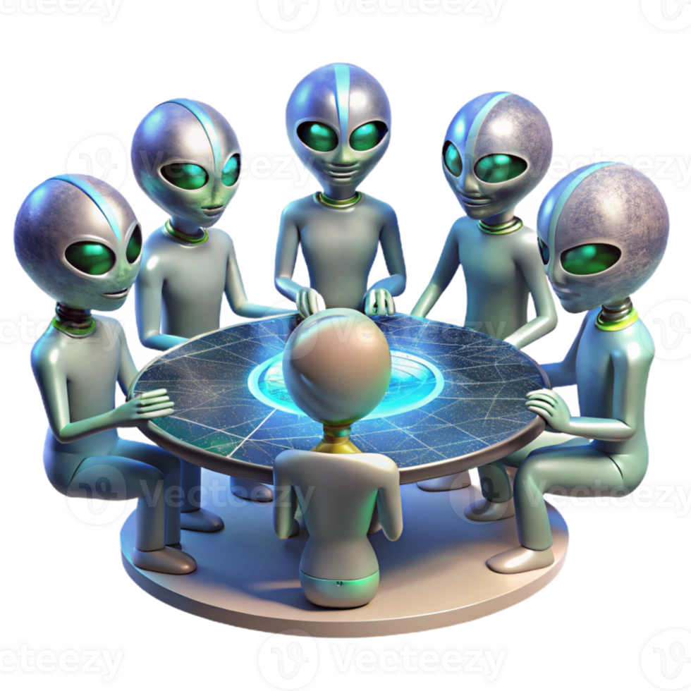 dramatic rustic A group of alien diplomats, with iridescent scales and multifaceted eyes, gathered around a holographic table displaying a galactic map, bathed in the warm, ambient light of their... png