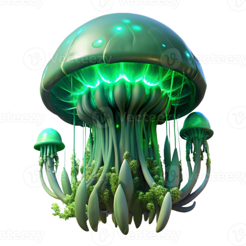 beautiful classic A massive, bio engineered creature, resembling a giant jellyfish, floats through the air above a desolate, alien landscape, illuminated by the eerie green glow of a... png