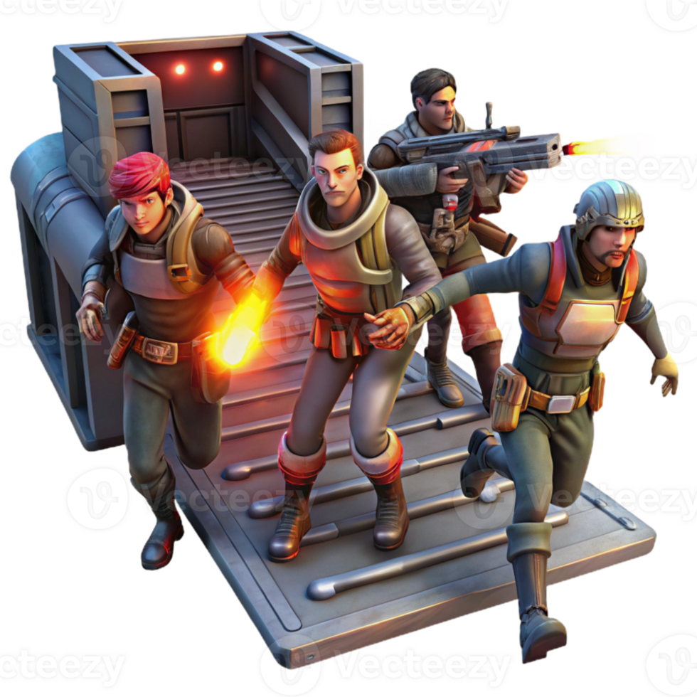 magnificent abstract A group of space pirates, wearing tattered clothing and wielding laser pistols, boarding a derelict spaceship, lit by the flickering red emergency lights.... png