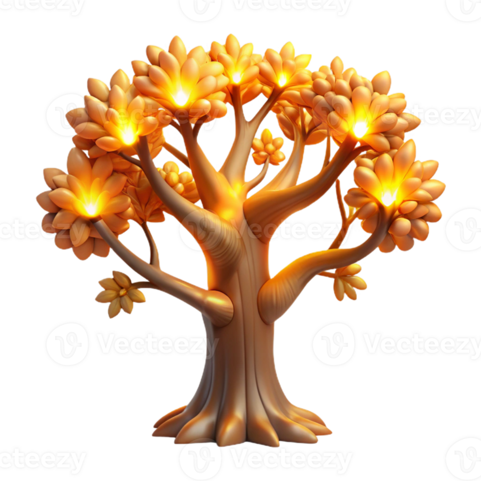 stunning abstract A giant, sentient tree, with glowing branches and leaves, dominates a lush, alien landscape, illuminated by the warm, golden light of a twin sunset. Fantasy art style authentic png
