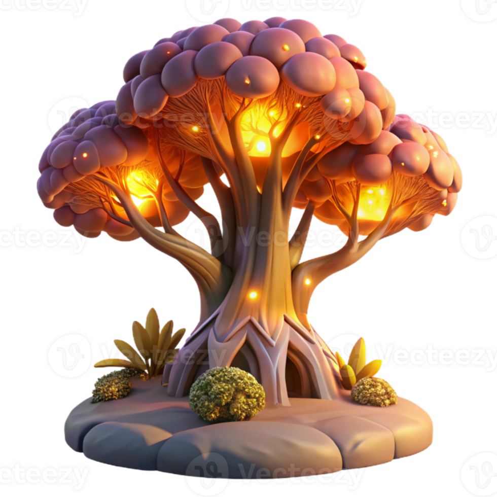 vibrant abstract A giant, sentient tree, with glowing branches and leaves, dominates a lush, alien landscape, illuminated by the warm, golden light of a twin sunset. Fantasy art style genuine png