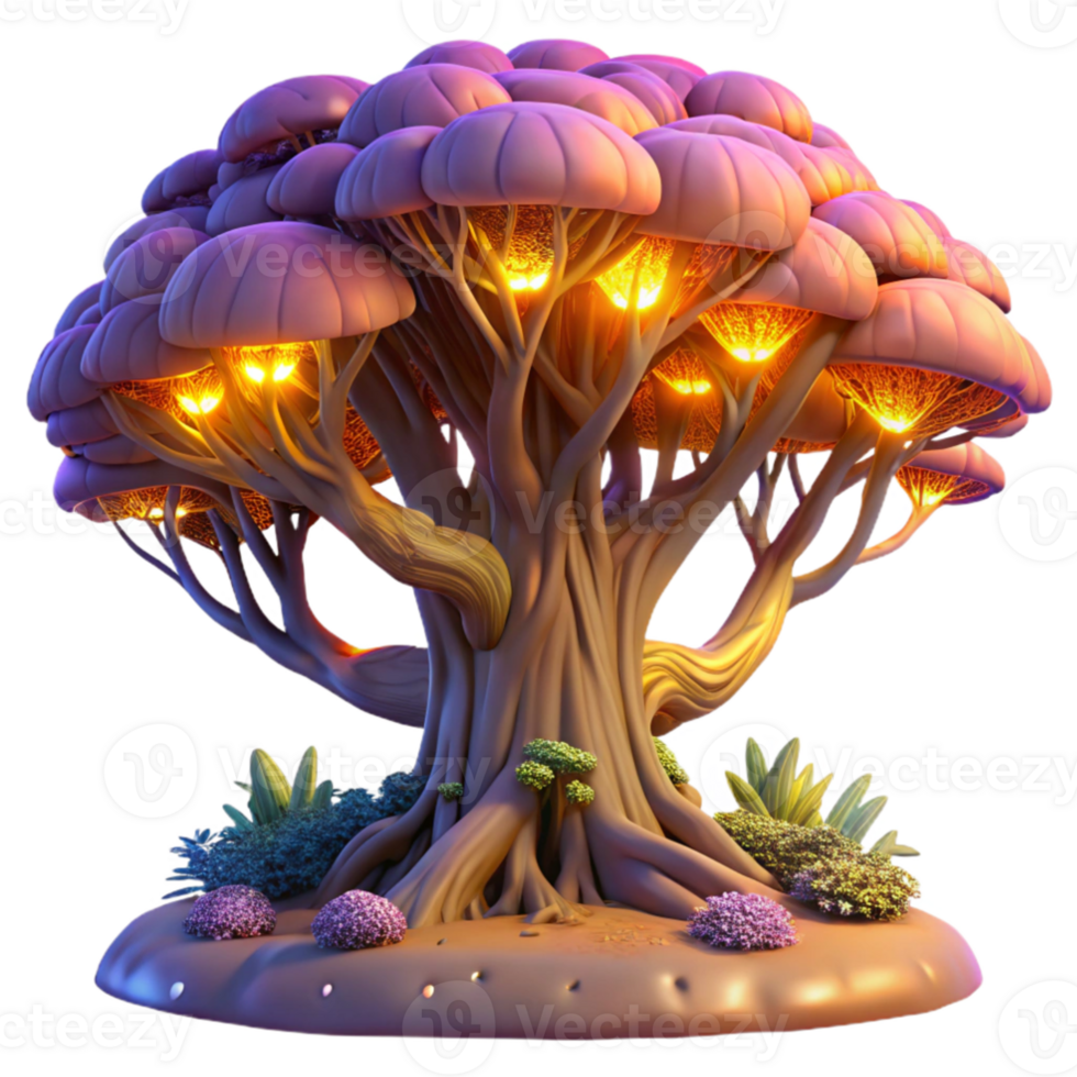 extraordinary artistic A giant, sentient tree, with glowing branches and leaves, dominates a lush, alien landscape, illuminated by the warm, golden light of a twin sunset. Fantasy art style authentic png