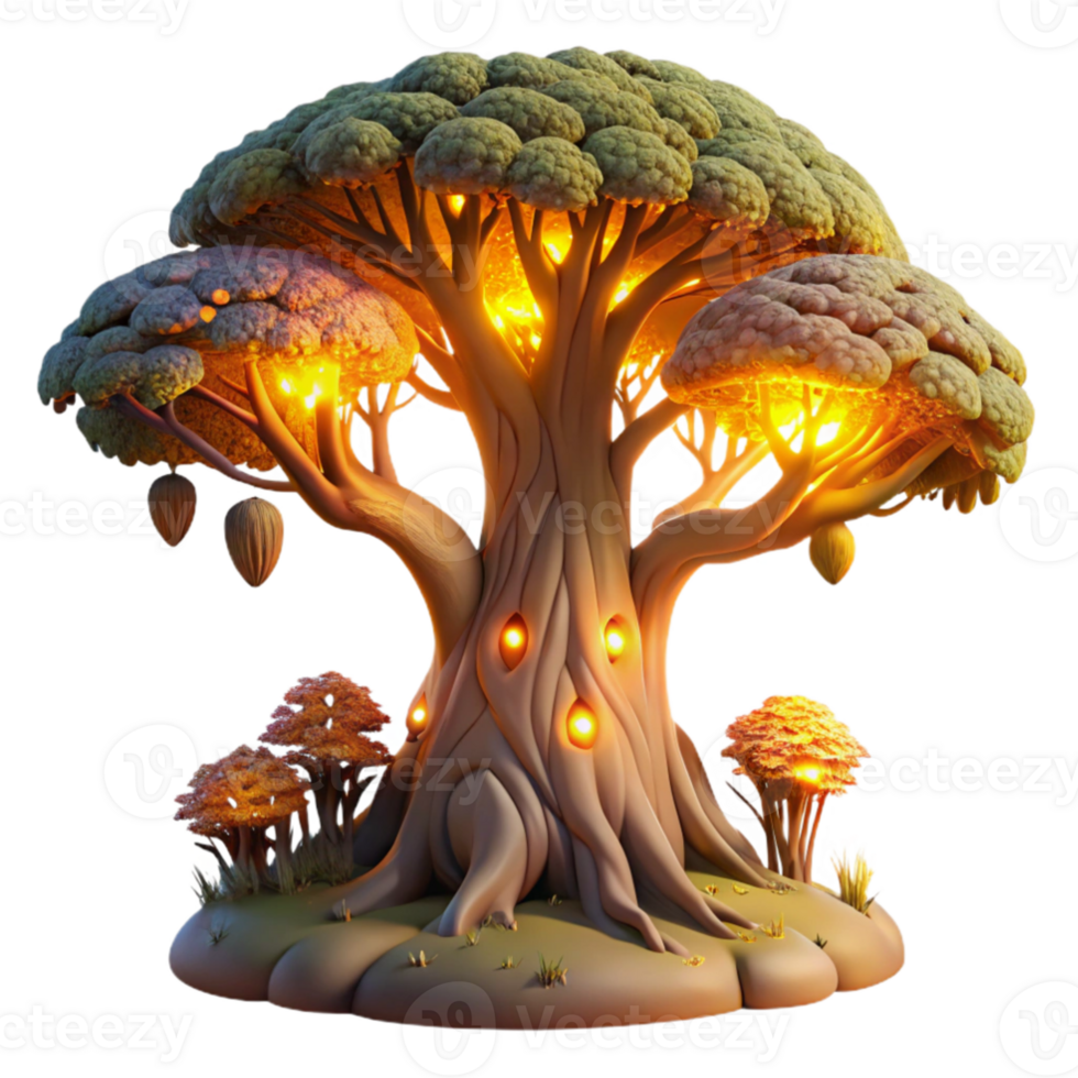 beautiful creative A giant, sentient tree, with glowing branches and leaves, dominates a lush, alien landscape, illuminated by the warm, golden light of a twin sunset. Fantasy art style 4K png