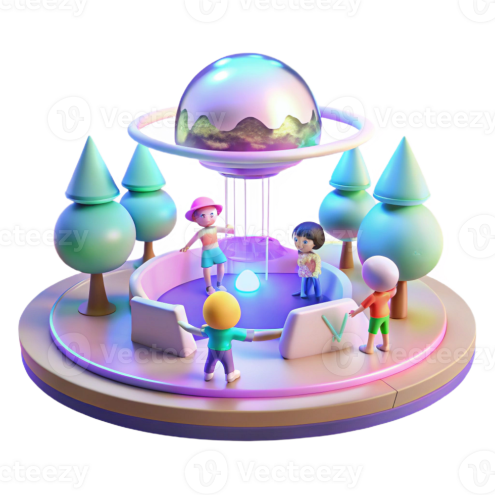 vibrant vintage A group of children, playing with holographic toys in a futuristic park, illuminated by the soft, pastel colors of a simulated sky. Dreamlike and whimsical style authentic png