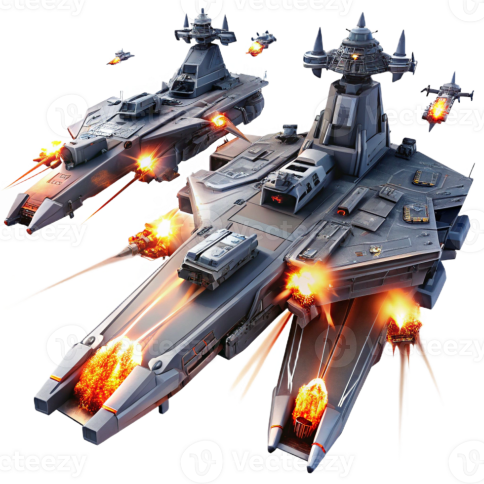 beautiful creative A fleet of futuristic warships, engaging in a fierce battle in the darkness of space, illuminated by laser fire and explosions. Epic and cinematic style exclusive png