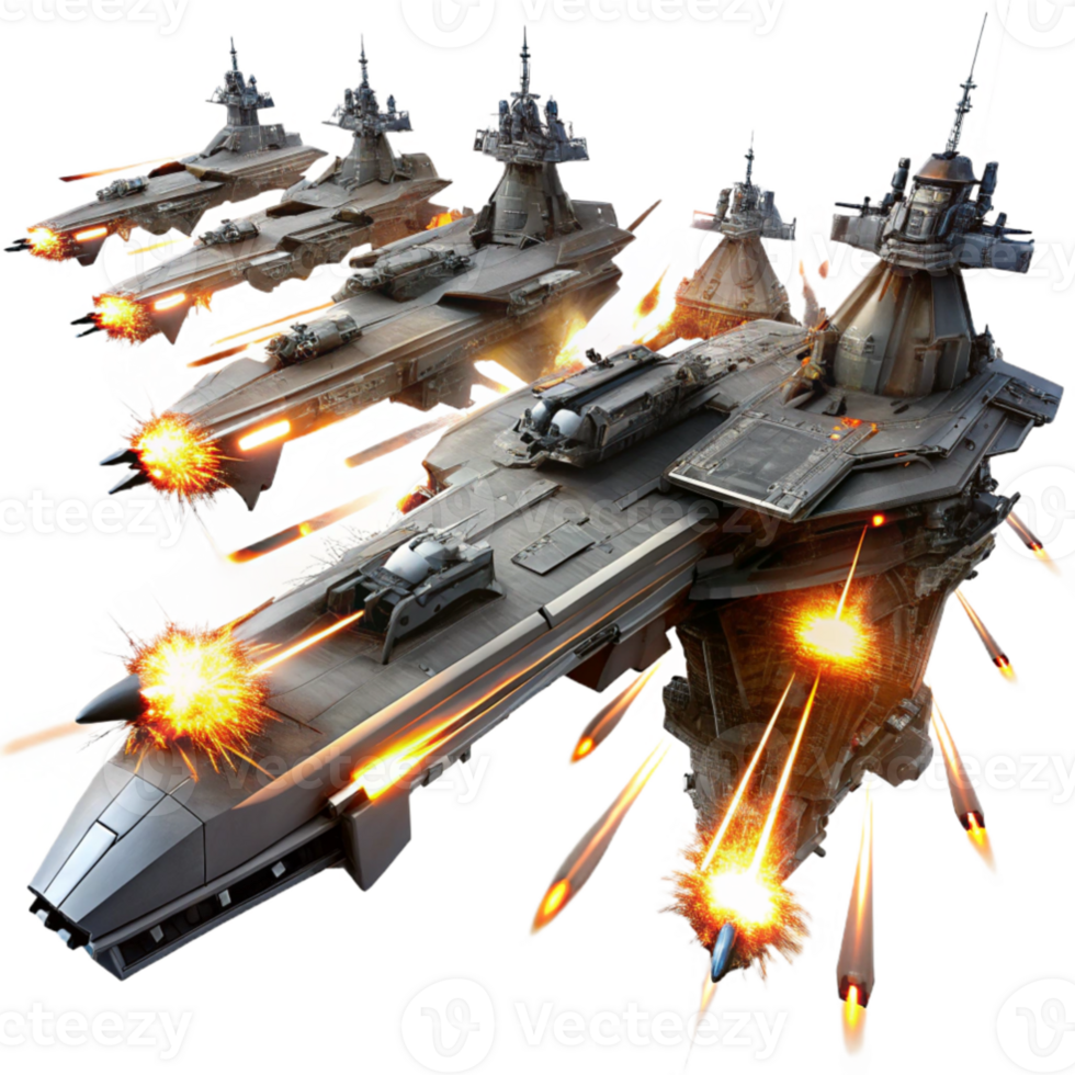 vibrant classic A fleet of futuristic warships, engaging in a fierce battle in the darkness of space, illuminated by laser fire and explosions. Epic and cinematic style exclusive png