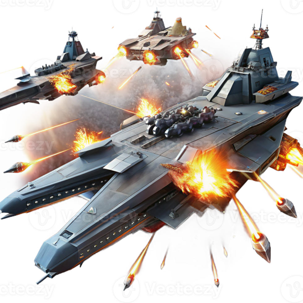 dramatic modern A fleet of futuristic warships, engaging in a fierce battle in the darkness of space, illuminated by laser fire and explosions. Epic and cinematic style high quality png