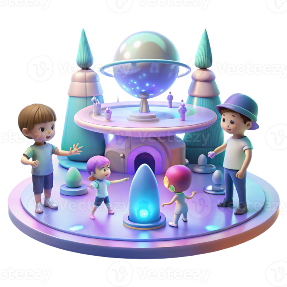 magnificent vintage A group of children, playing with holographic toys in a futuristic park, illuminated by the soft, pastel colors of a simulated sky. Dreamlike and whimsical style premium png