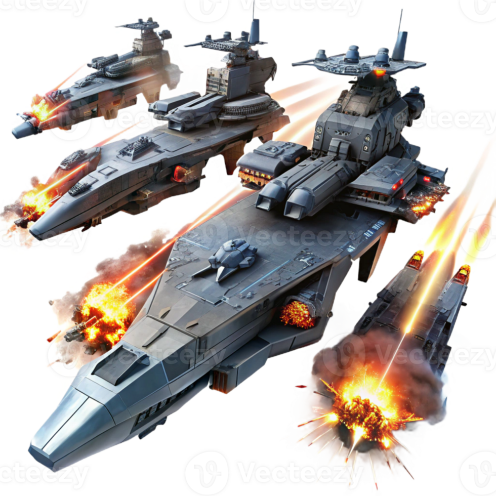 beautiful contemporary A fleet of futuristic warships, engaging in a fierce battle in the darkness of space, illuminated by laser fire and explosions. Epic and cinematic style 4K png