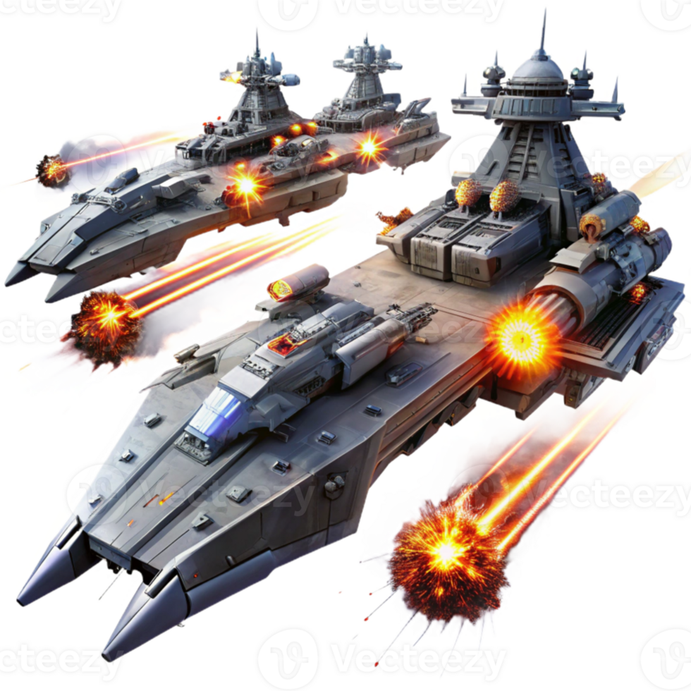 magnificent creative A fleet of futuristic warships, engaging in a fierce battle in the darkness of space, illuminated by laser fire and explosions. Epic and cinematic style premium png