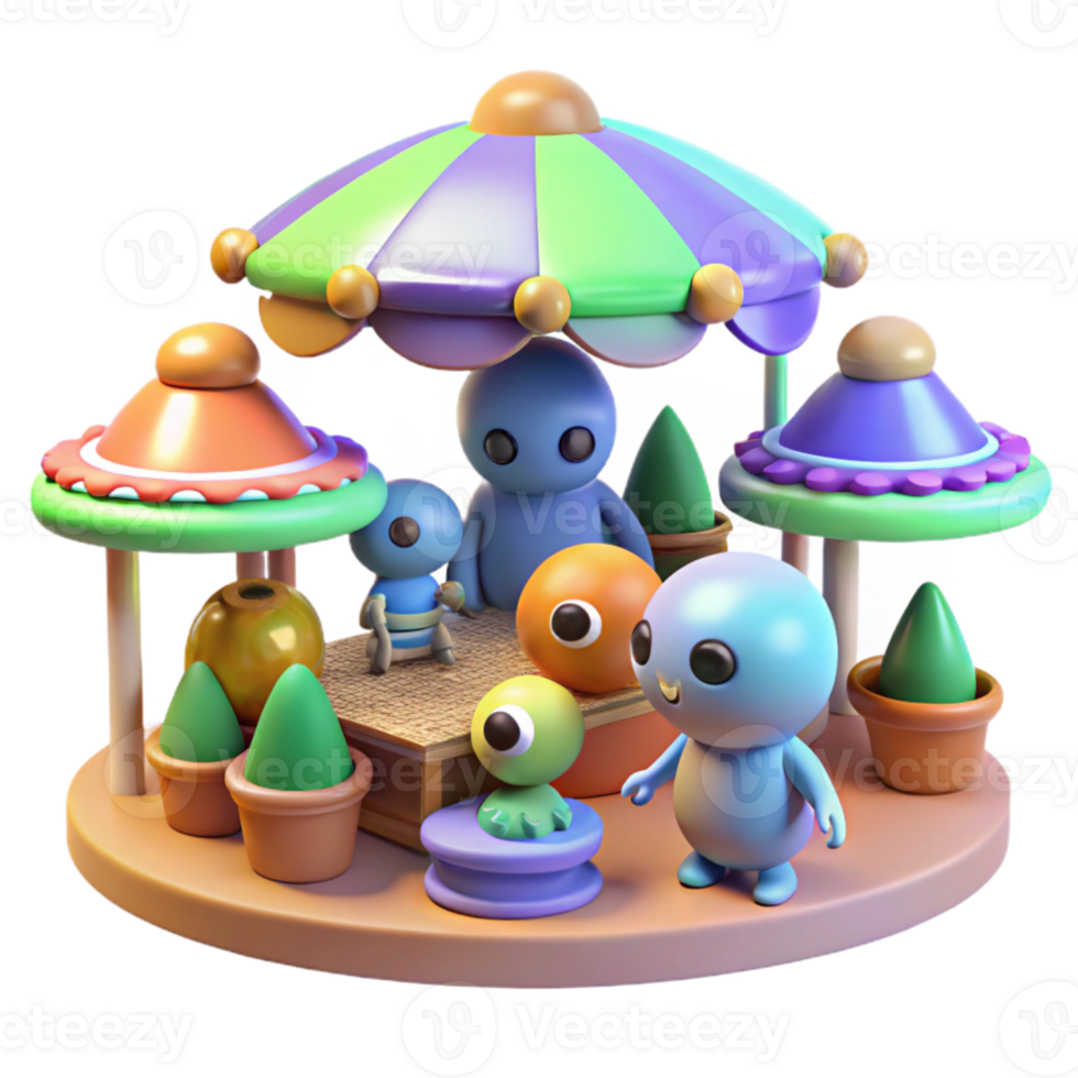 dramatic abstract An alien marketplace bustling with diverse extraterrestrial species, soft diffuse lighting, whimsical cartoon style high quality png