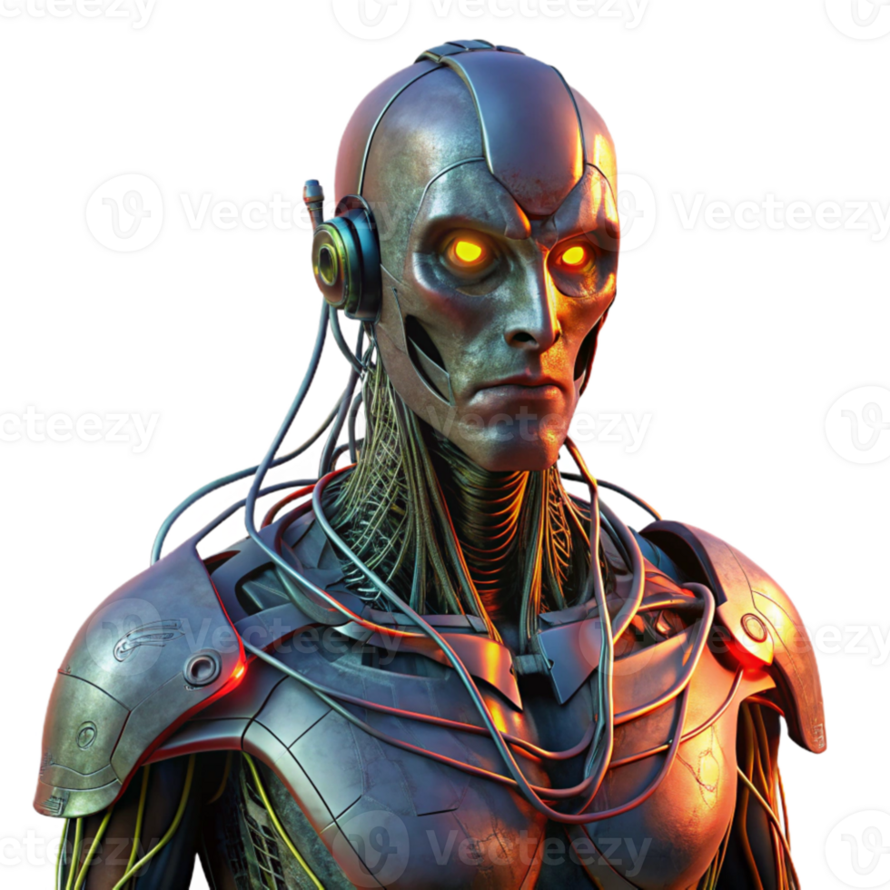 beautiful rustic A decaying cyborg with exposed wires and glowing circuitry, dark and moody lighting, cyberpunk style exclusive png