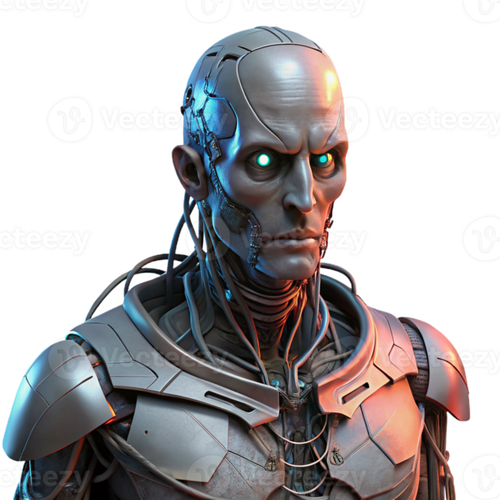 extraordinary artistic A decaying cyborg with exposed wires and glowing circuitry, dark and moody lighting, cyberpunk style authentic png