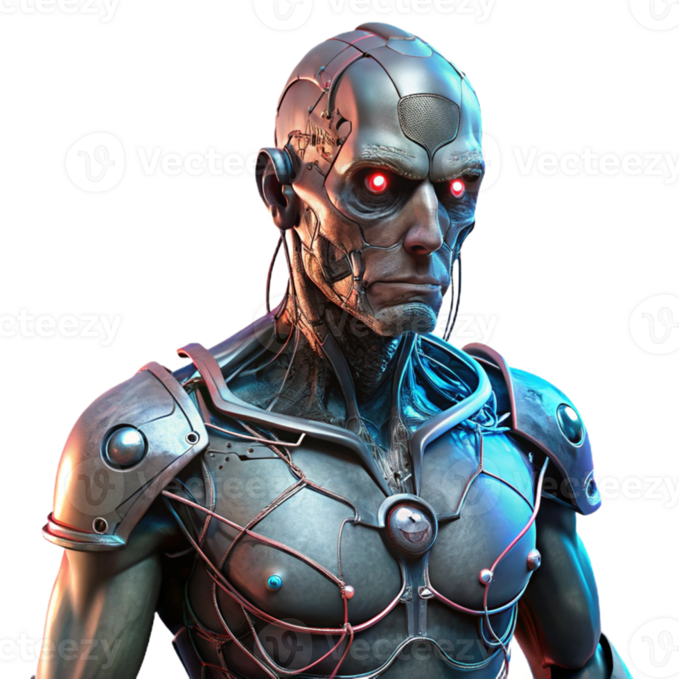 magnificent artistic A decaying cyborg with exposed wires and glowing circuitry, dark and moody lighting, cyberpunk style high quality png
