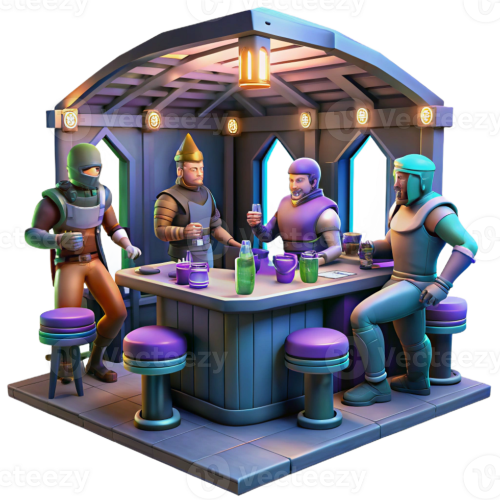 beautiful modern A group of space pirates in a zero gravity tavern, dimly lit with neon signs, gritty realism style 4K png