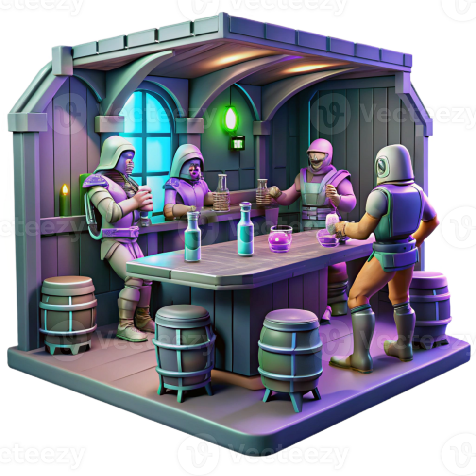 vibrant contemporary A group of space pirates in a zero gravity tavern, dimly lit with neon signs, gritty realism style original png