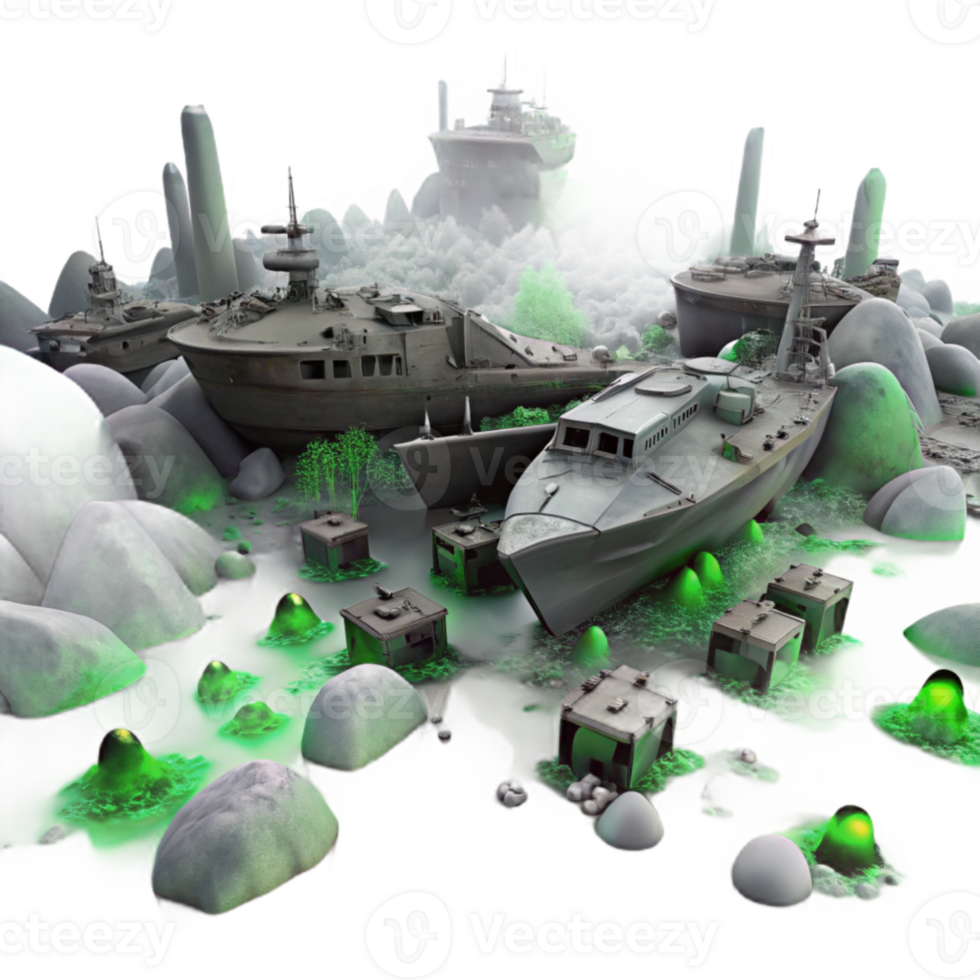 dramatic traditional A spaceship graveyard filled with derelict vessels, eerie green fog, matte painting style exclusive png